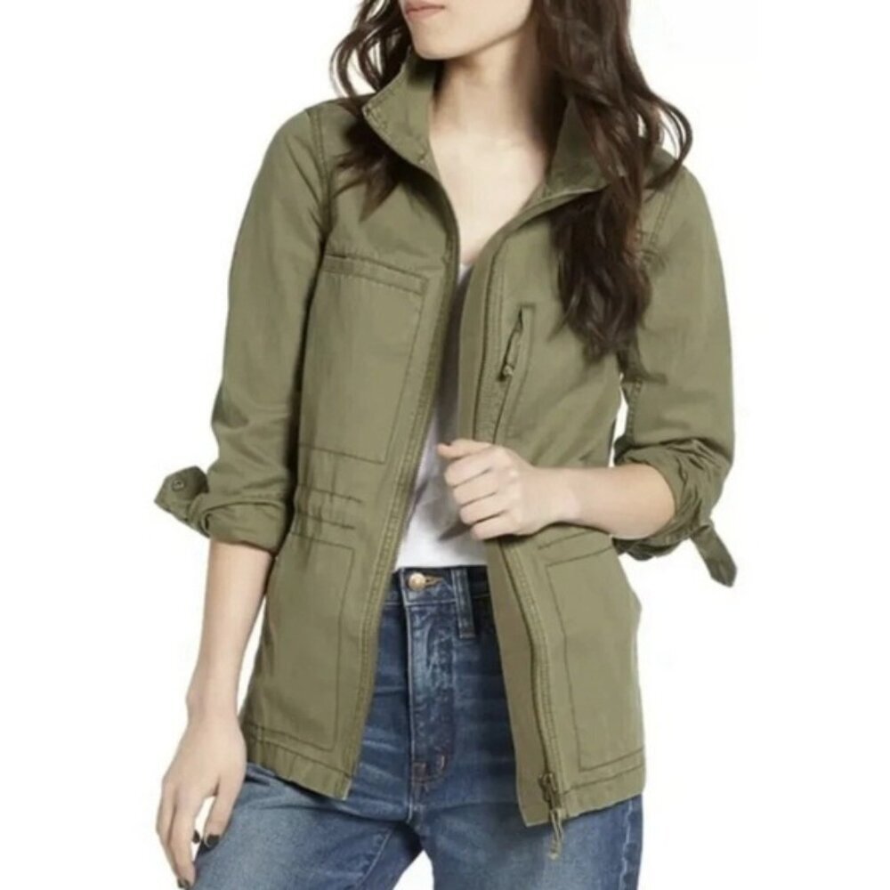 Madewell Women's Full Zip Drawstring Military Jacket Green Size XS Cotton Coat